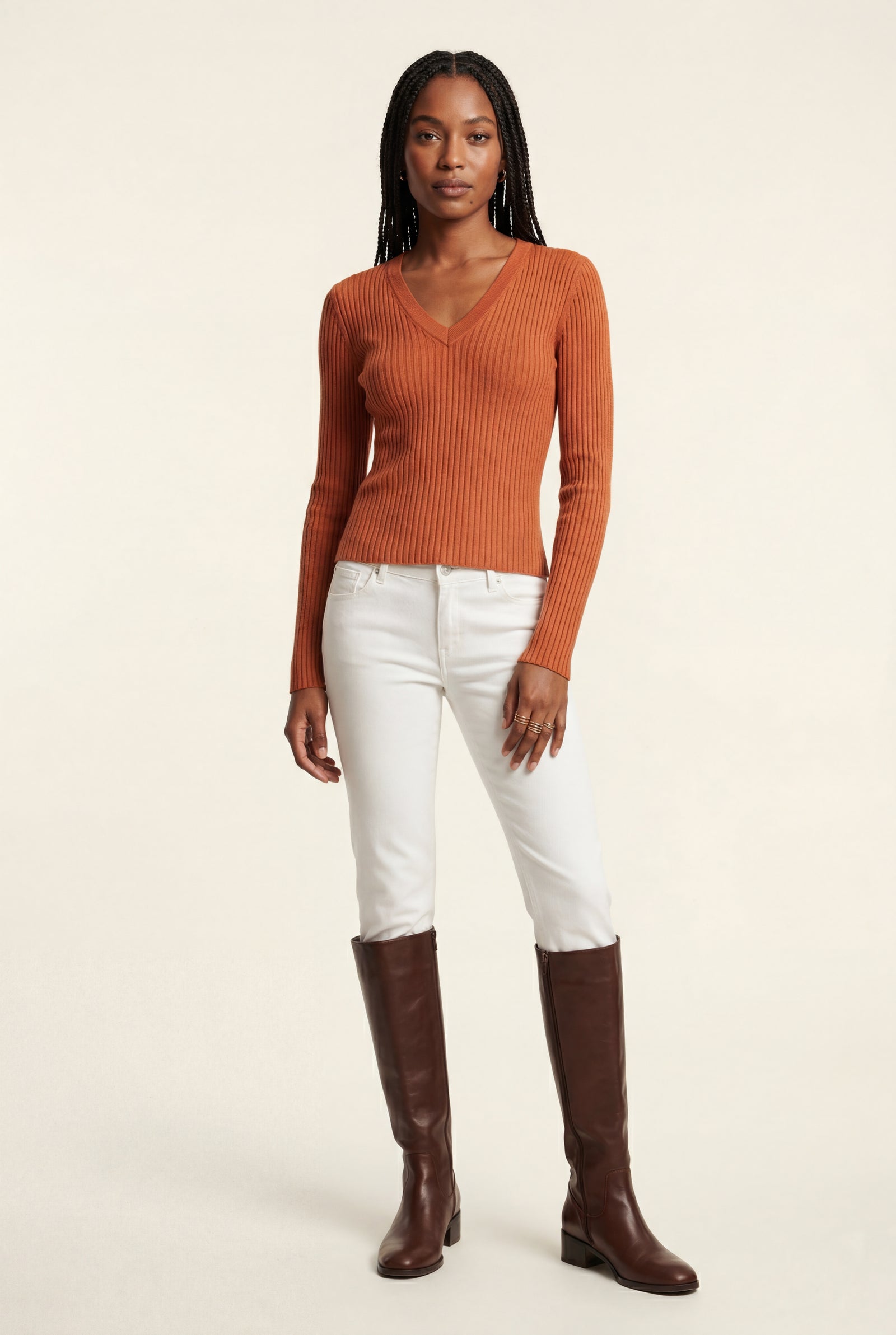 Orange Ribbed V-neck Long Sleeve Pullover Sweater - V-neck sweater - Photo 33