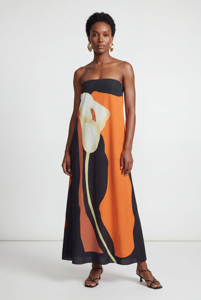 Orange Strapless Abstract Floral Print Maxi Dress - Photo 2