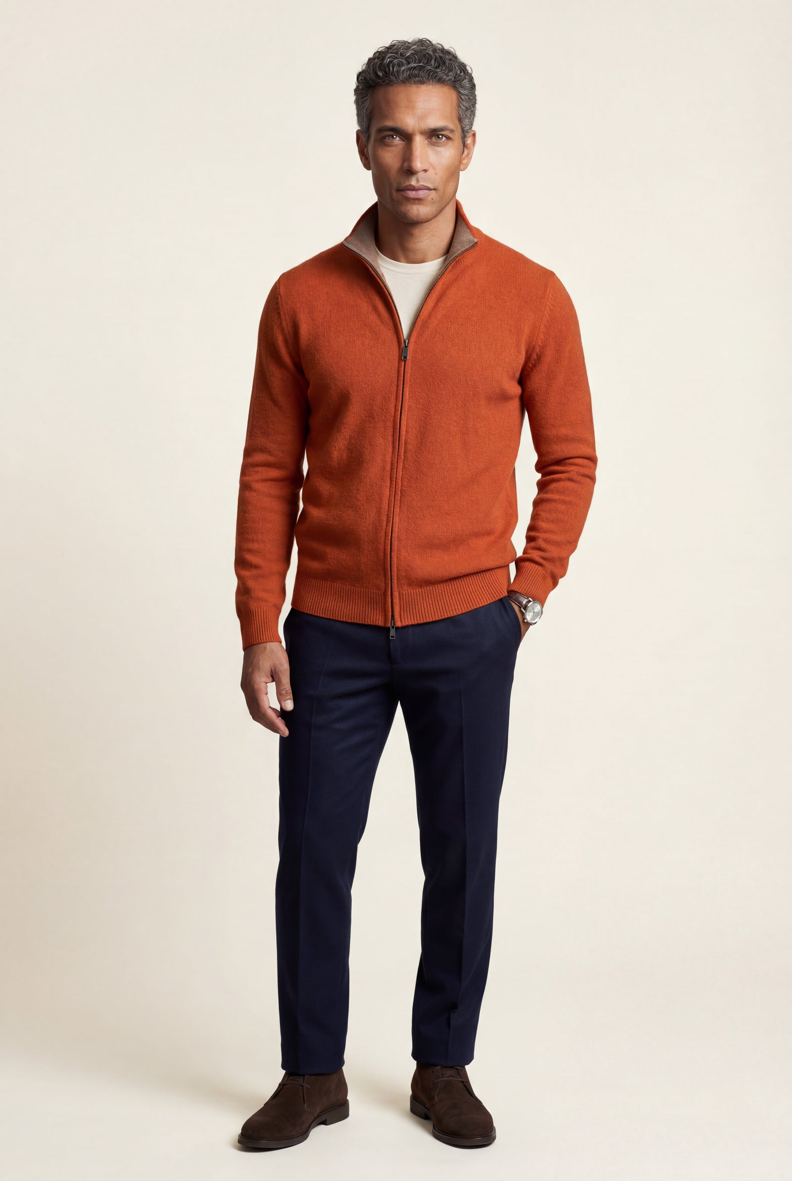 Orange Textured Stand Collar Full Zip Knitted Cardigan - Photo 7