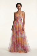 Orange Watercolor Floral Pleated Maxi Dress with Thigh-high Slit - Photo 5