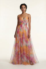 Orange Watercolor Floral Pleated Maxi Dress with Thigh-high Slit - Photo 5