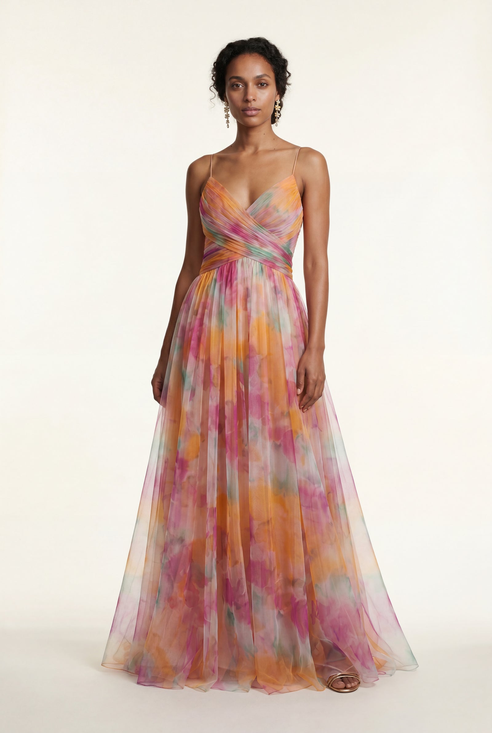 Orange Watercolor Floral Pleated Maxi Dress with Thigh-high Slit - Photo 5