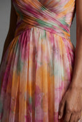 Orange Watercolor Floral Pleated Maxi Dress with Thigh-high Slit - Photo 7