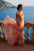 Orange Watercolor Floral Pleated Maxi Dress with Thigh-high Slit - Photo 8