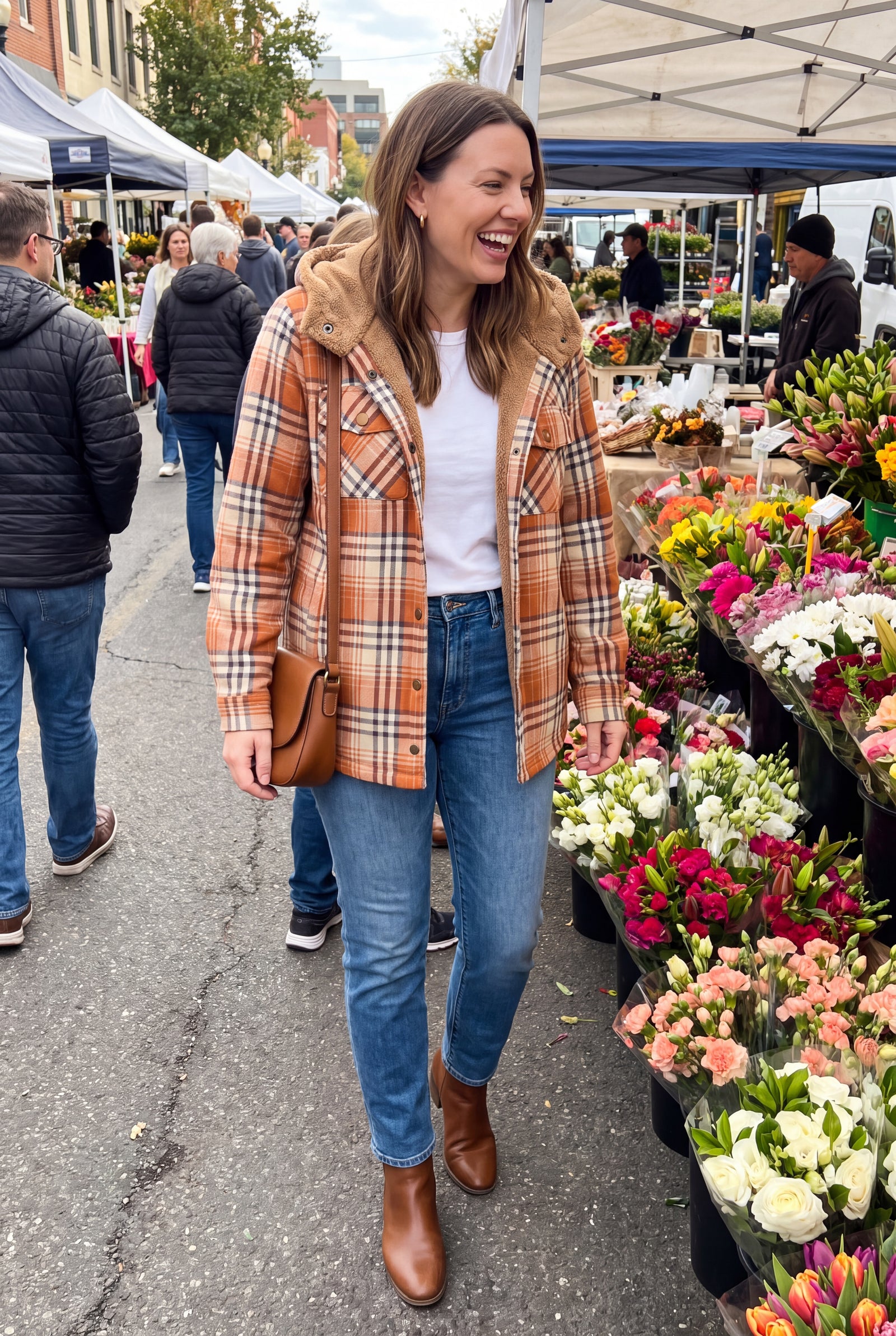 Women's Hooded Plaid Jacket in Orange — lifestyle ugc