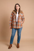 Women's Hooded Plaid Jacket in Orange — studio front