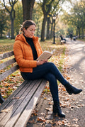 Women's Hooded Puffer Jacket Zipper in Orange — lifestyle shot 1