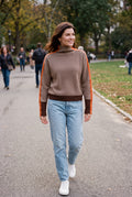 Women's Sweater Contrast Stripe Mock Neck in Orange — lifestyle walk