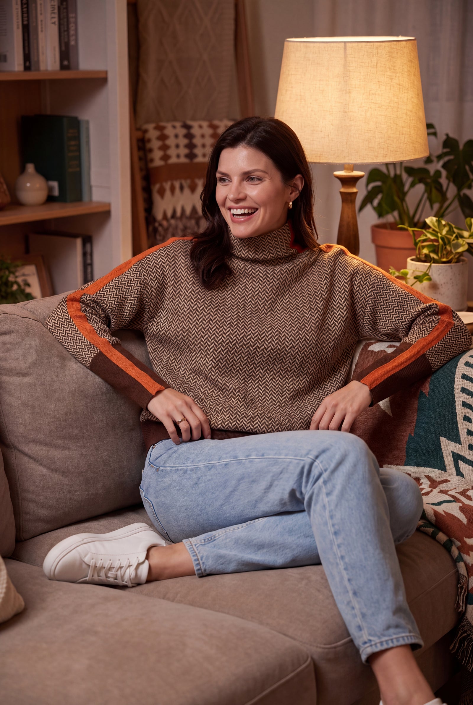 Women's Sweater Contrast Stripe Mock Neck in Orange — ugc snapshot