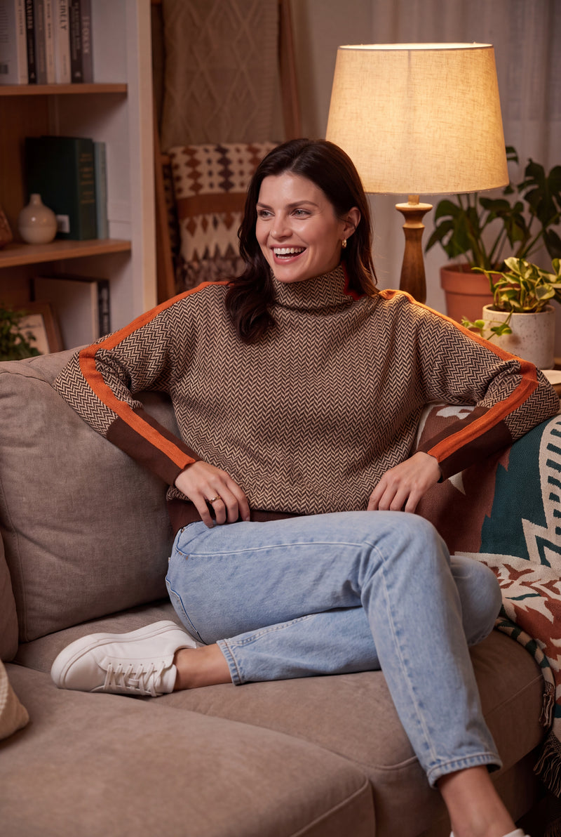 Women's Sweater Contrast Stripe Mock Neck in Orange — ugc snapshot