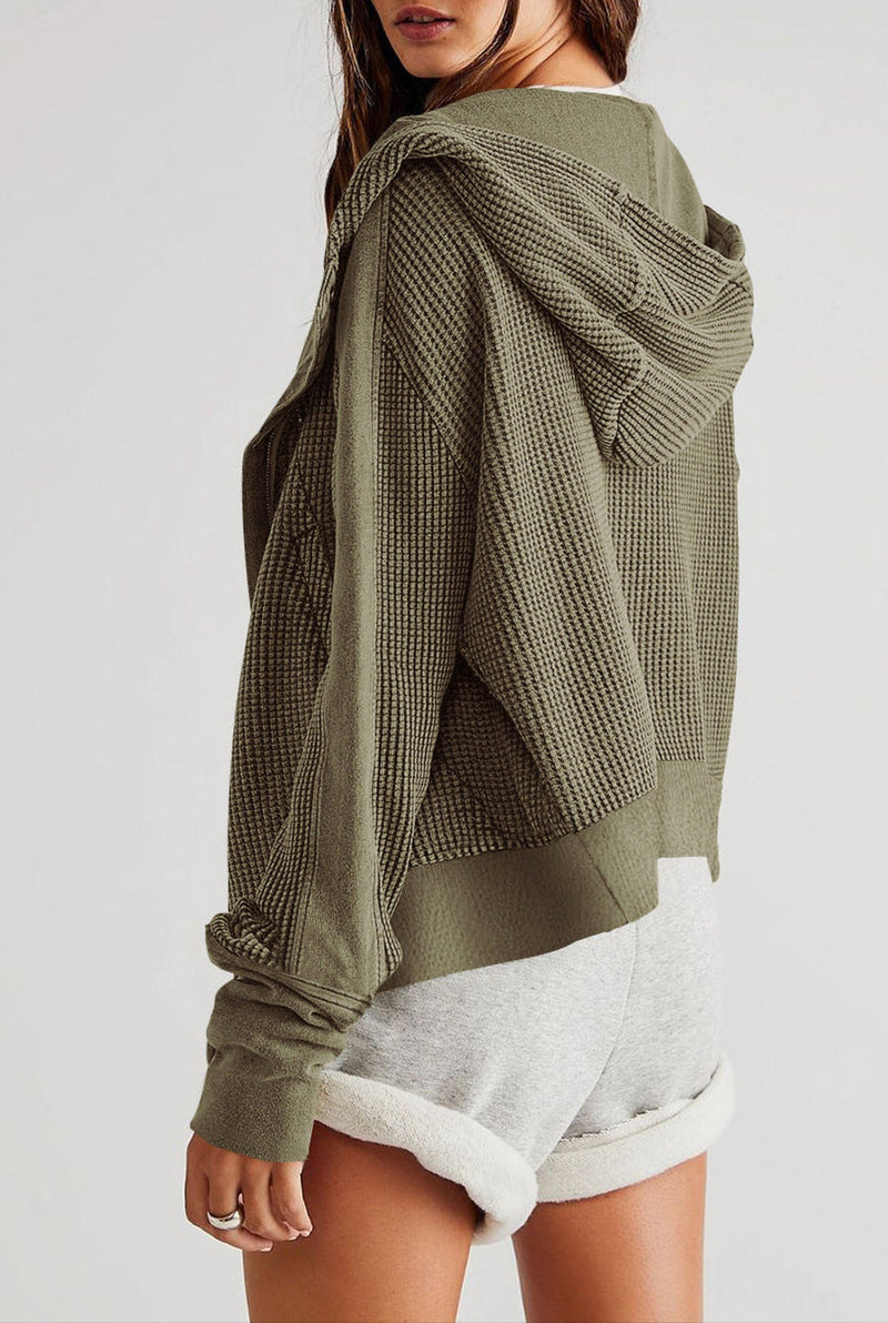 Cropped Waffle Zip-Up Hoodie in Pine — side