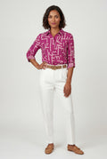 Pink Abstract Print Button-up Blouse with Roll-tab Sleeves - Blouses - Photo 6