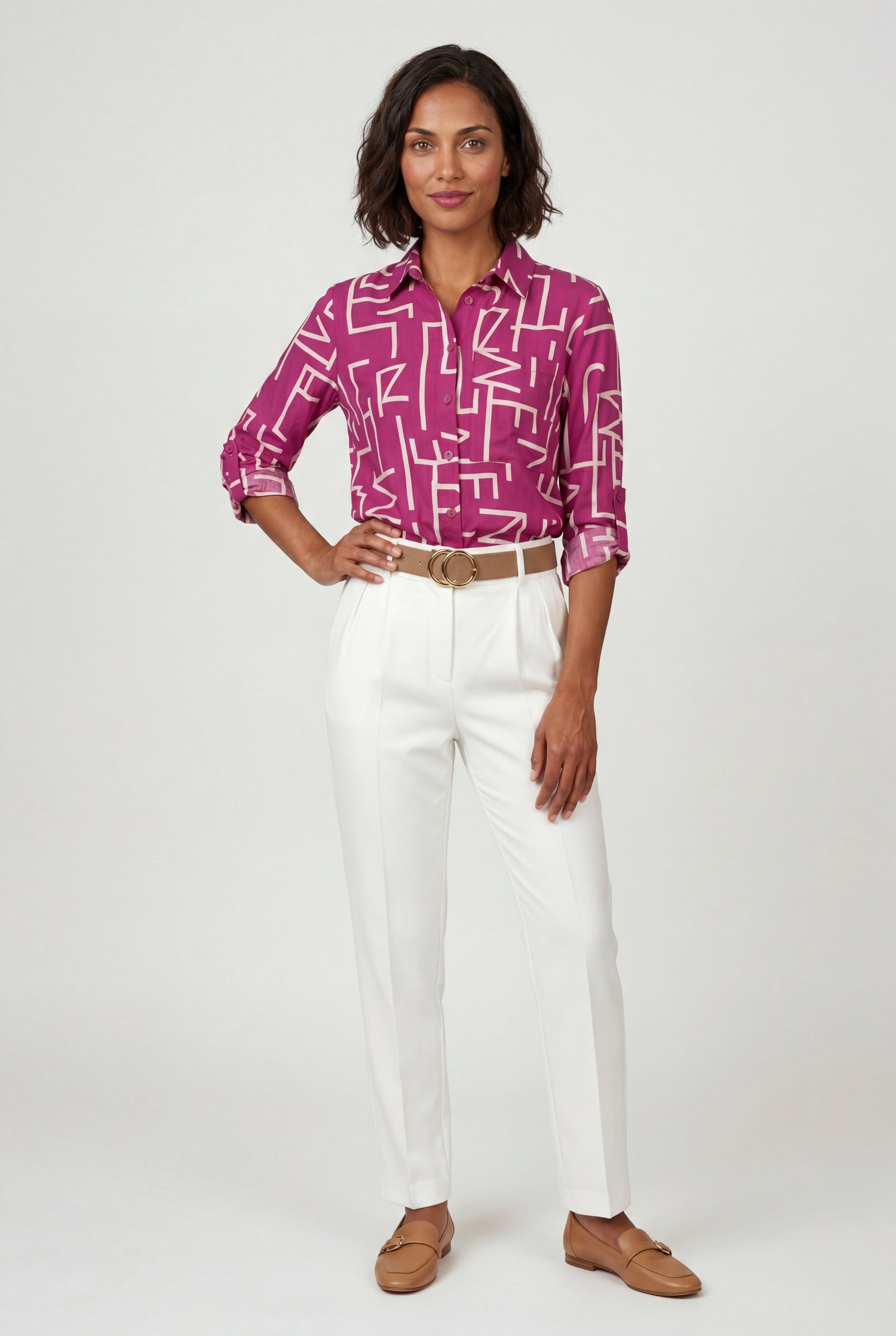 Pink Abstract Print Button-up Blouse with Roll-tab Sleeves - Blouses - Photo 6