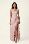Pink Asymmetric Ruffle Maxi Dress with High Slit - Photo 7