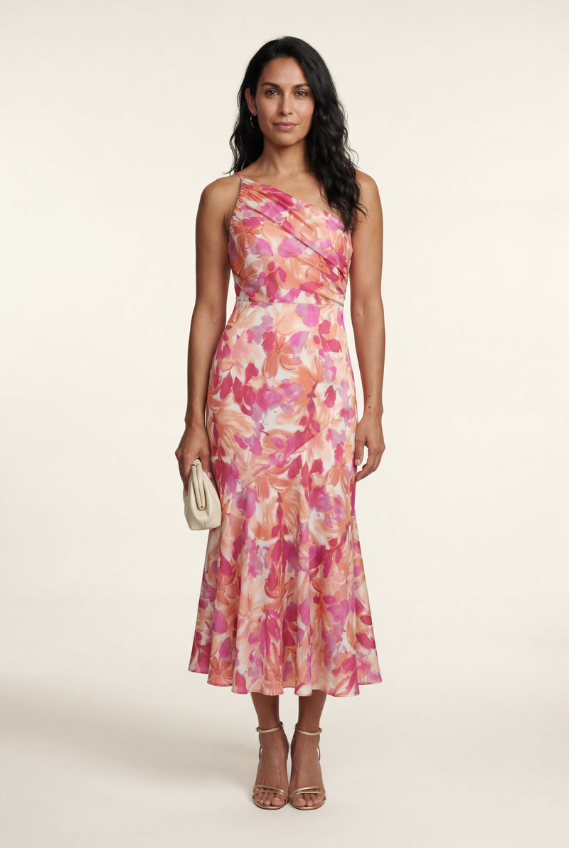 Pink Asymmetrical One-shoulder Floral Print Midi Dress - Photo 2