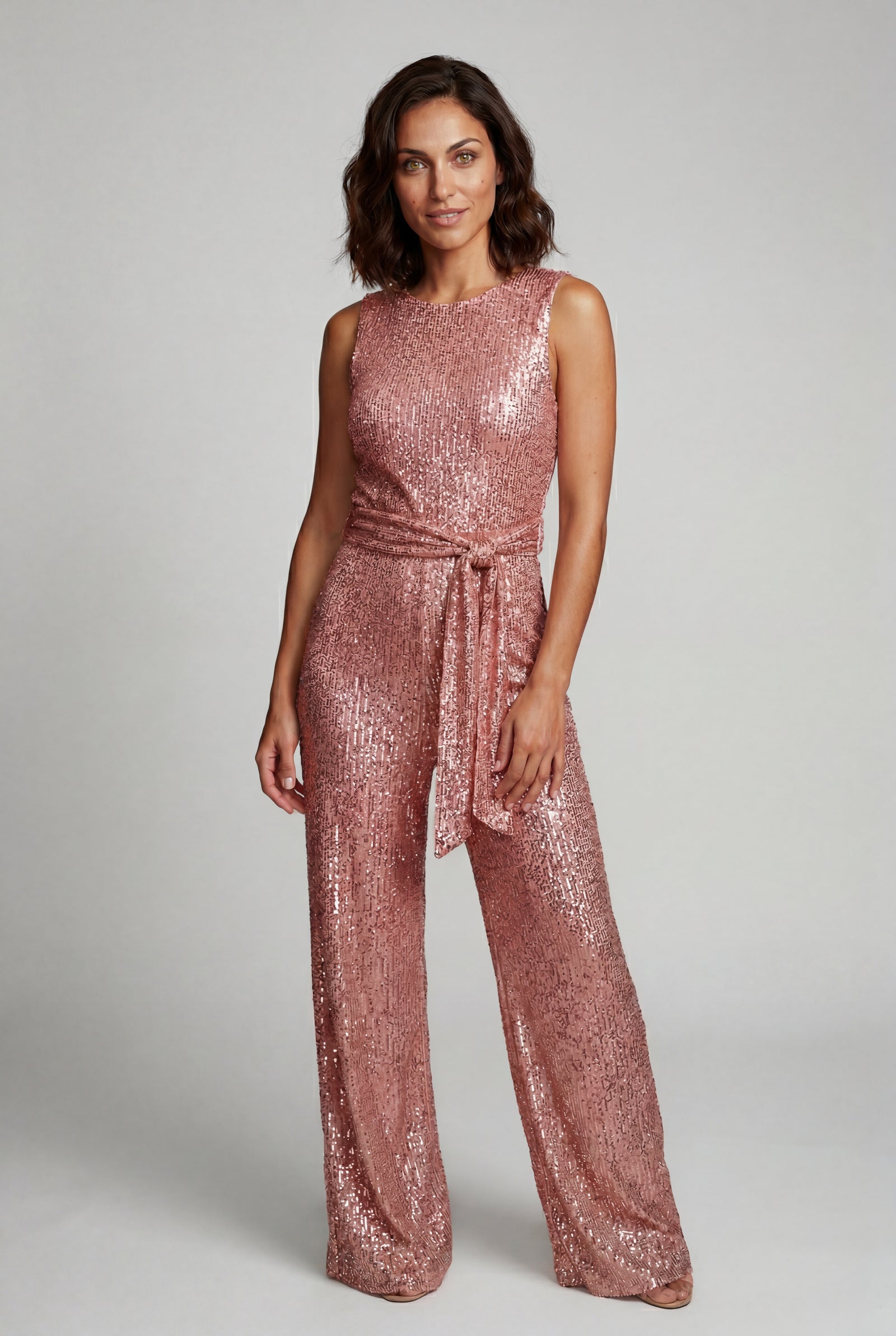Pink Belted Sleeveless Wide-leg Jumpsuit - Sequin jumpsuit - Photo 3