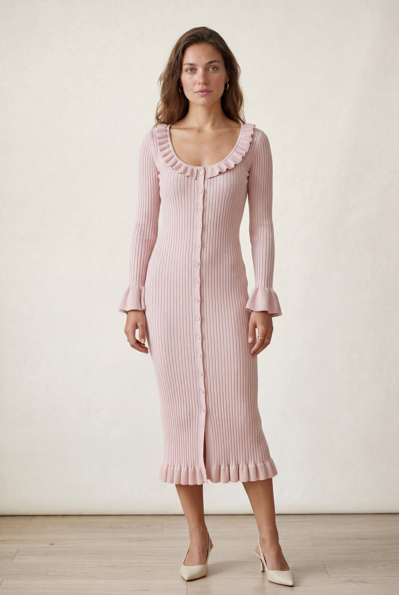 Pink Blush Pink Ribbed Button-front Midi Dress with Ruffles - Photo 1