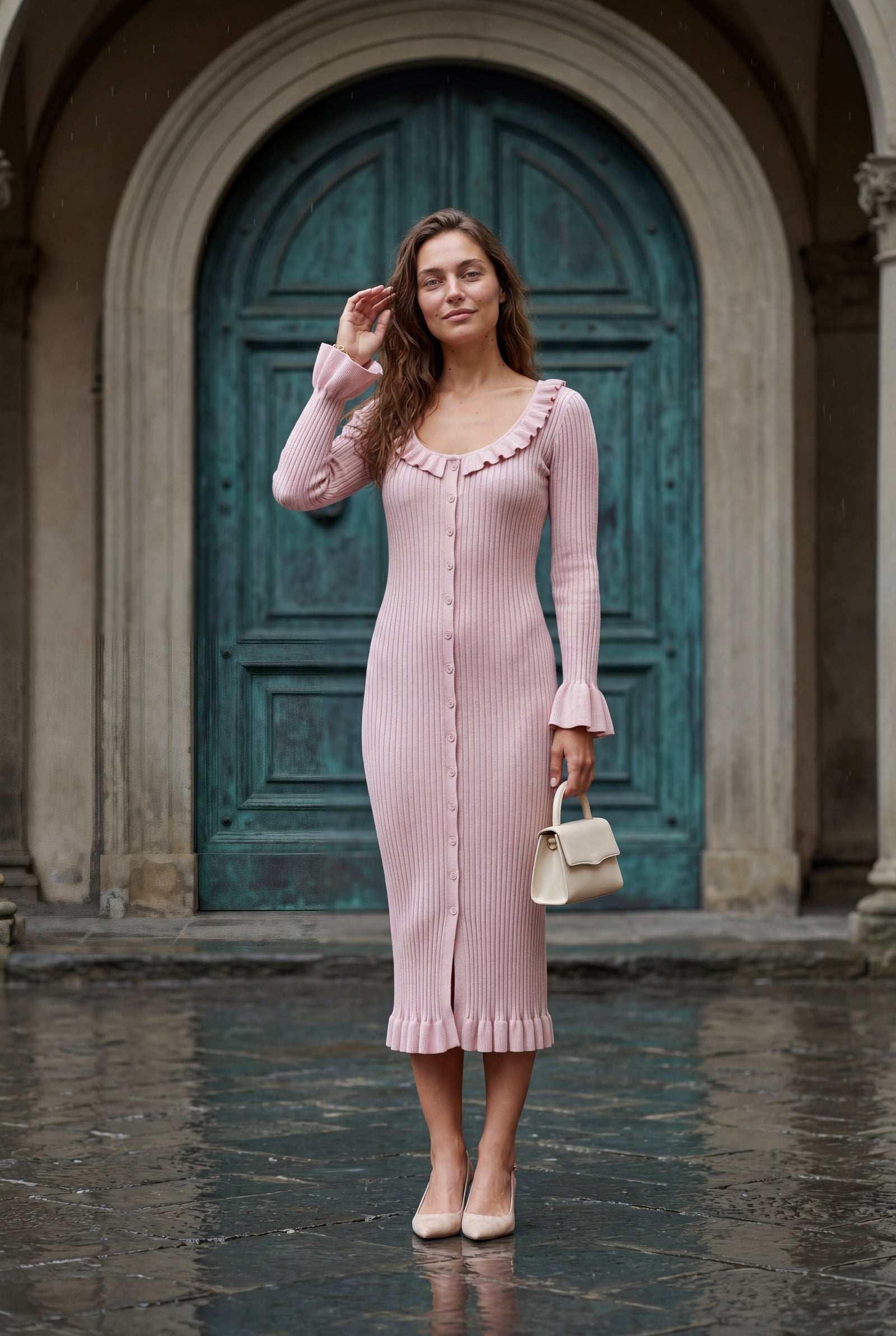 Pink Blush Pink Ribbed Button-front Midi Dress with Ruffles - Photo 4