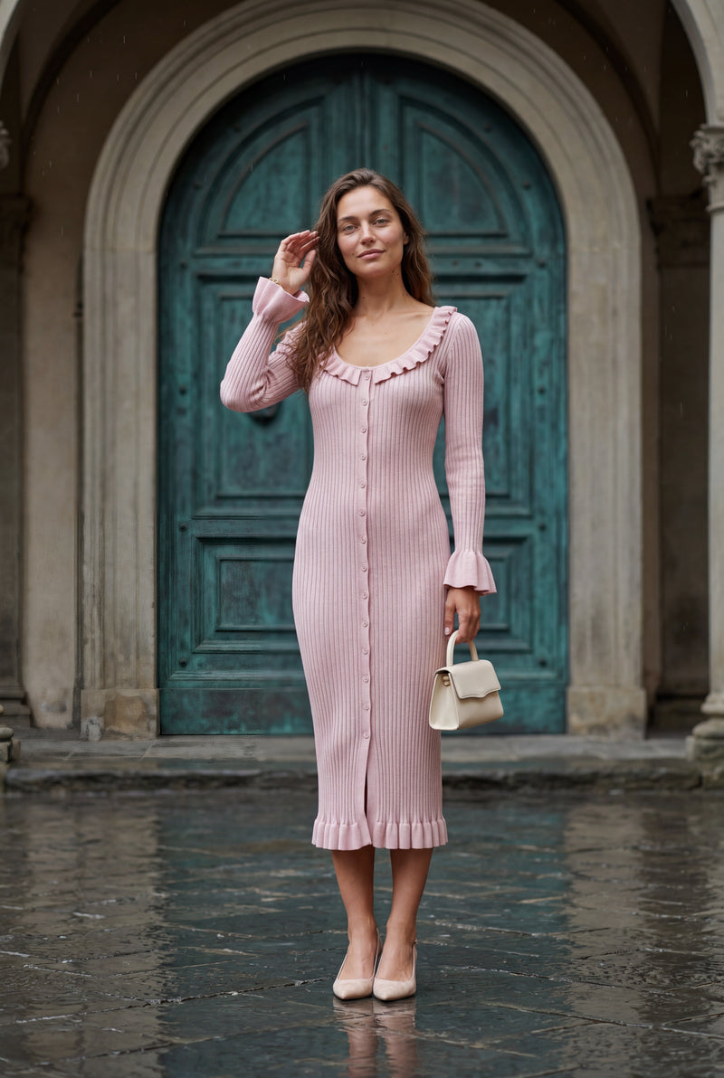 Pink Blush Pink Ribbed Button-front Midi Dress with Ruffles - Photo 4