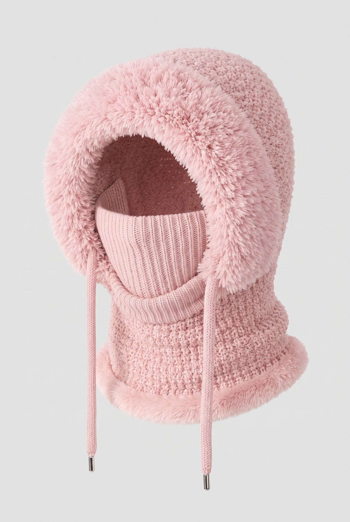Boucle Knit Hooded Balaclava in Pink — studio front