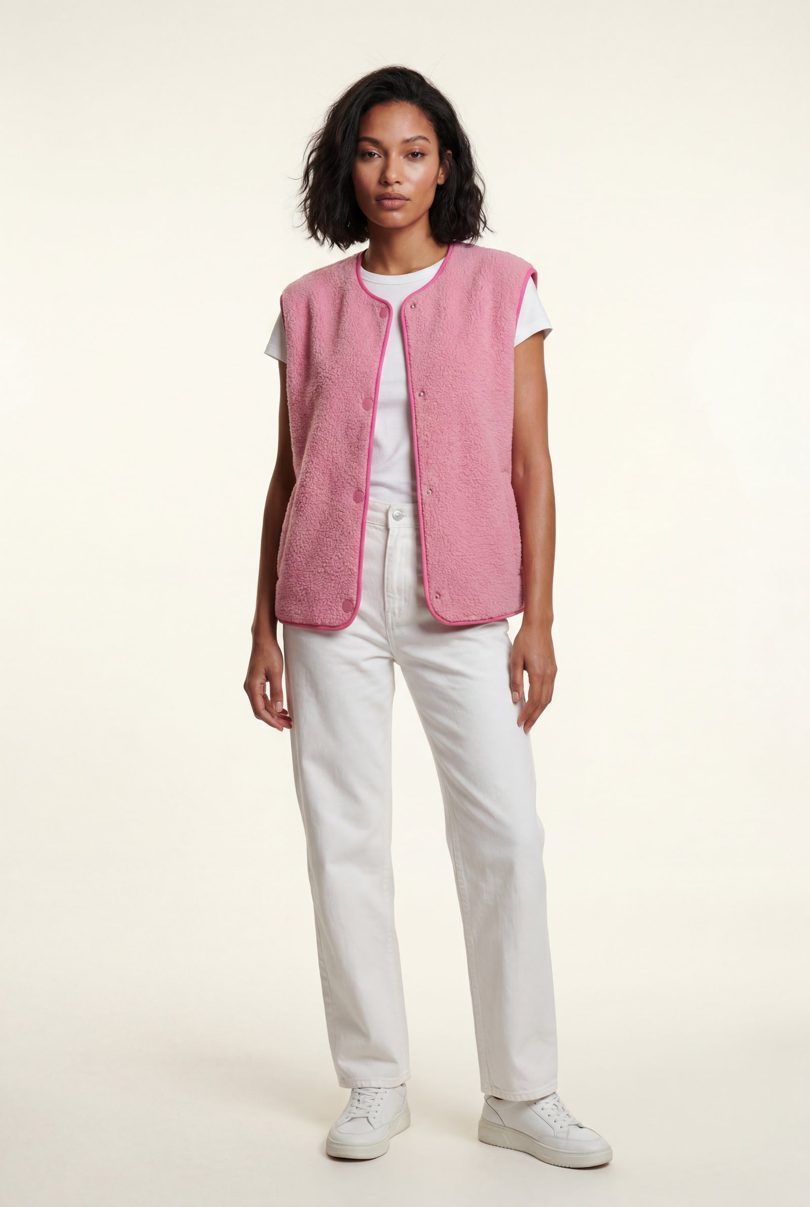 Pink Boxy Snap-button Vest with Contrast Edge Trim - Vests - Photo 1