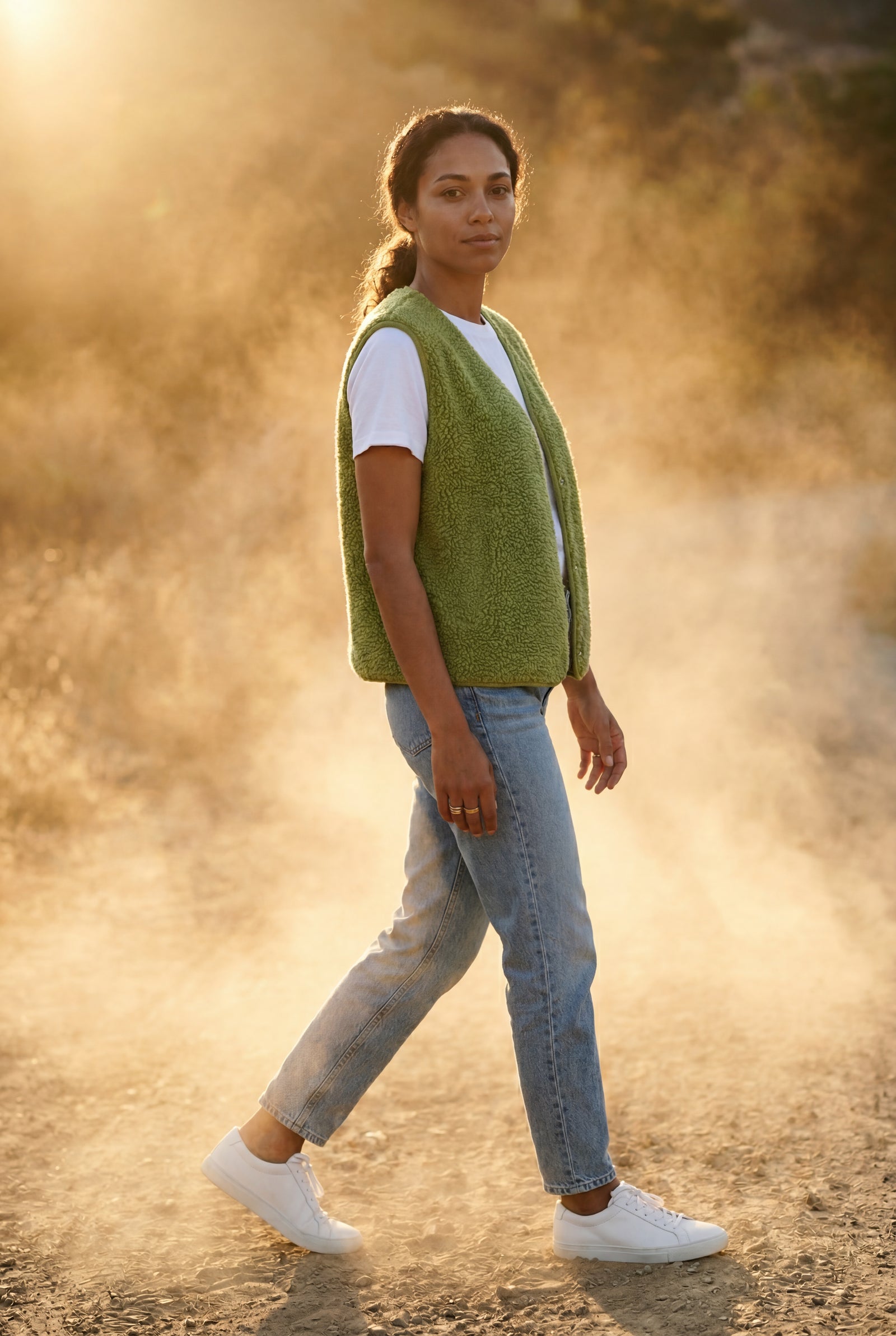 Green Boxy Snap-button Vest with Contrast Edge Trim - Vests - Photo 11