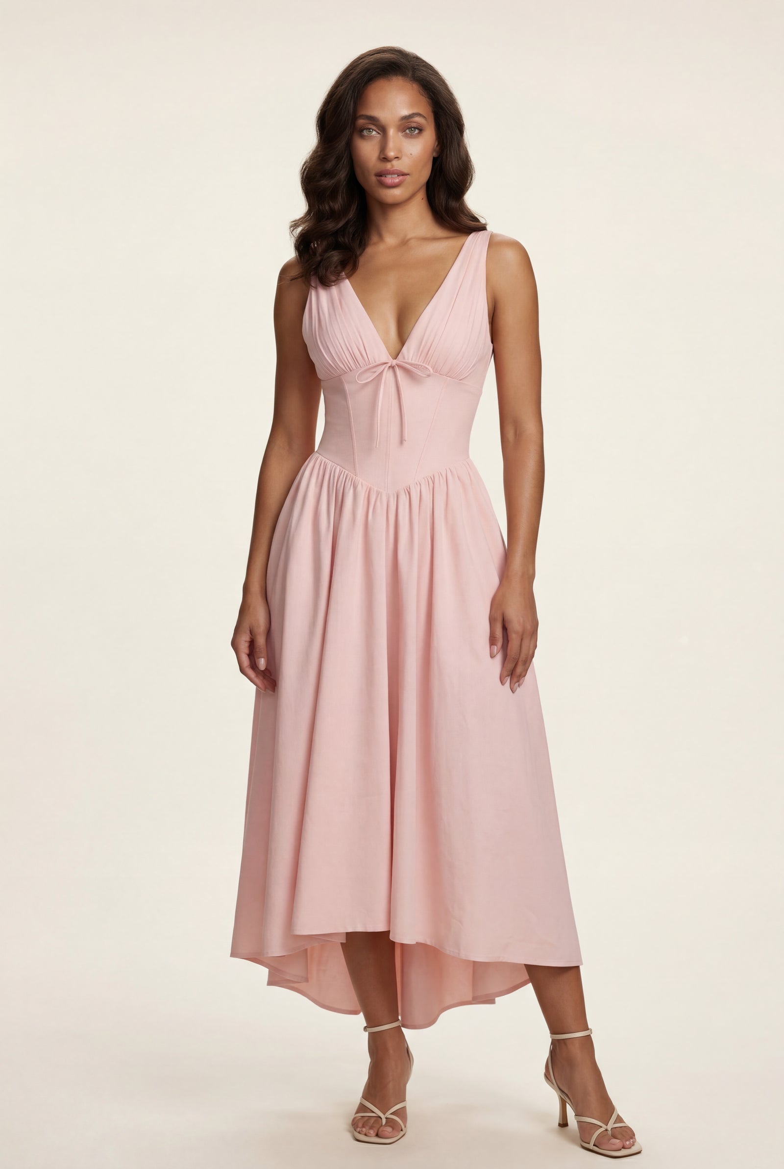 Pink Corset Bodice Sleeveless Midi Dress with Tie Front - Photo 6
