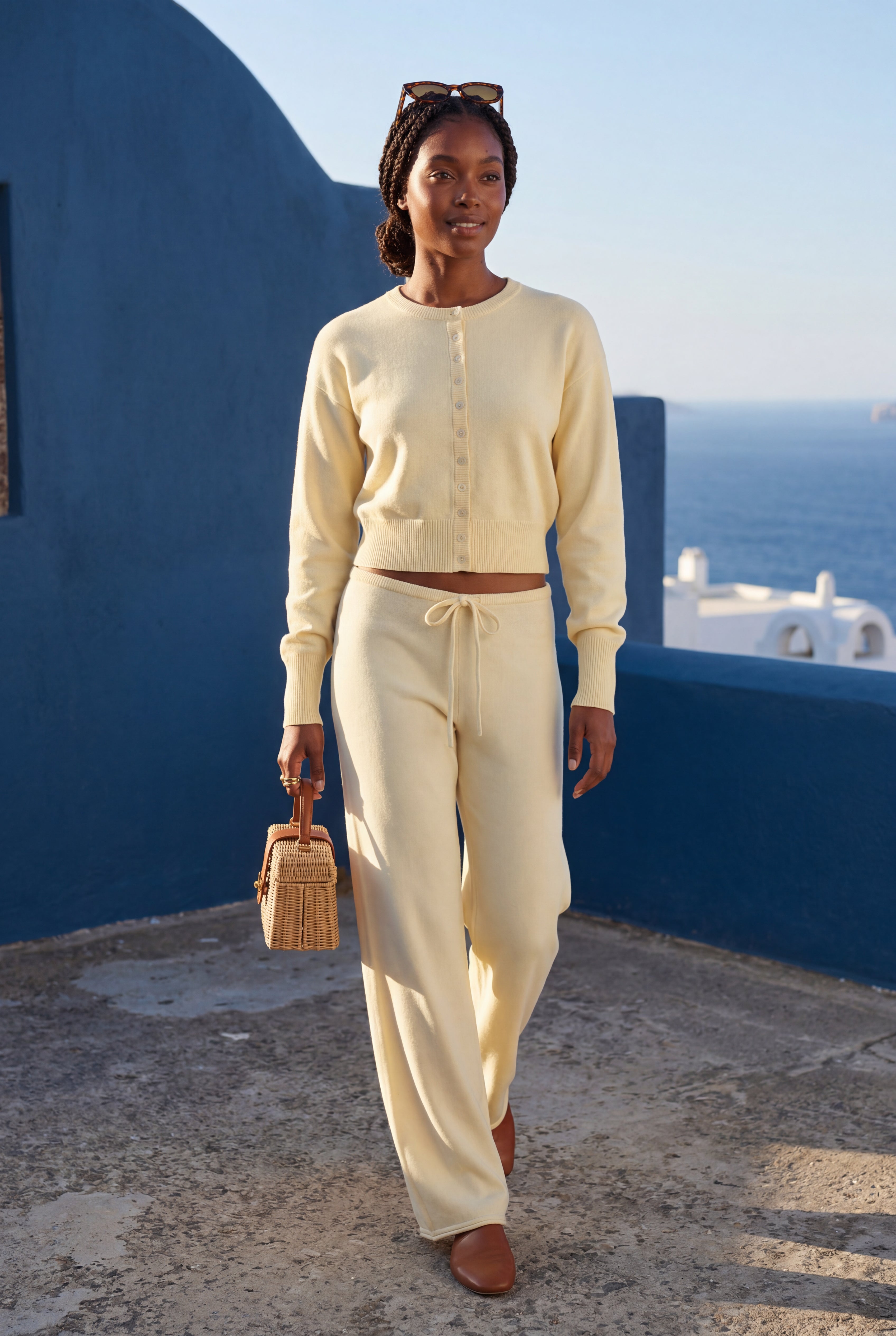 Cropped Cardigan and Wide-Leg Pants Set With Button Detail