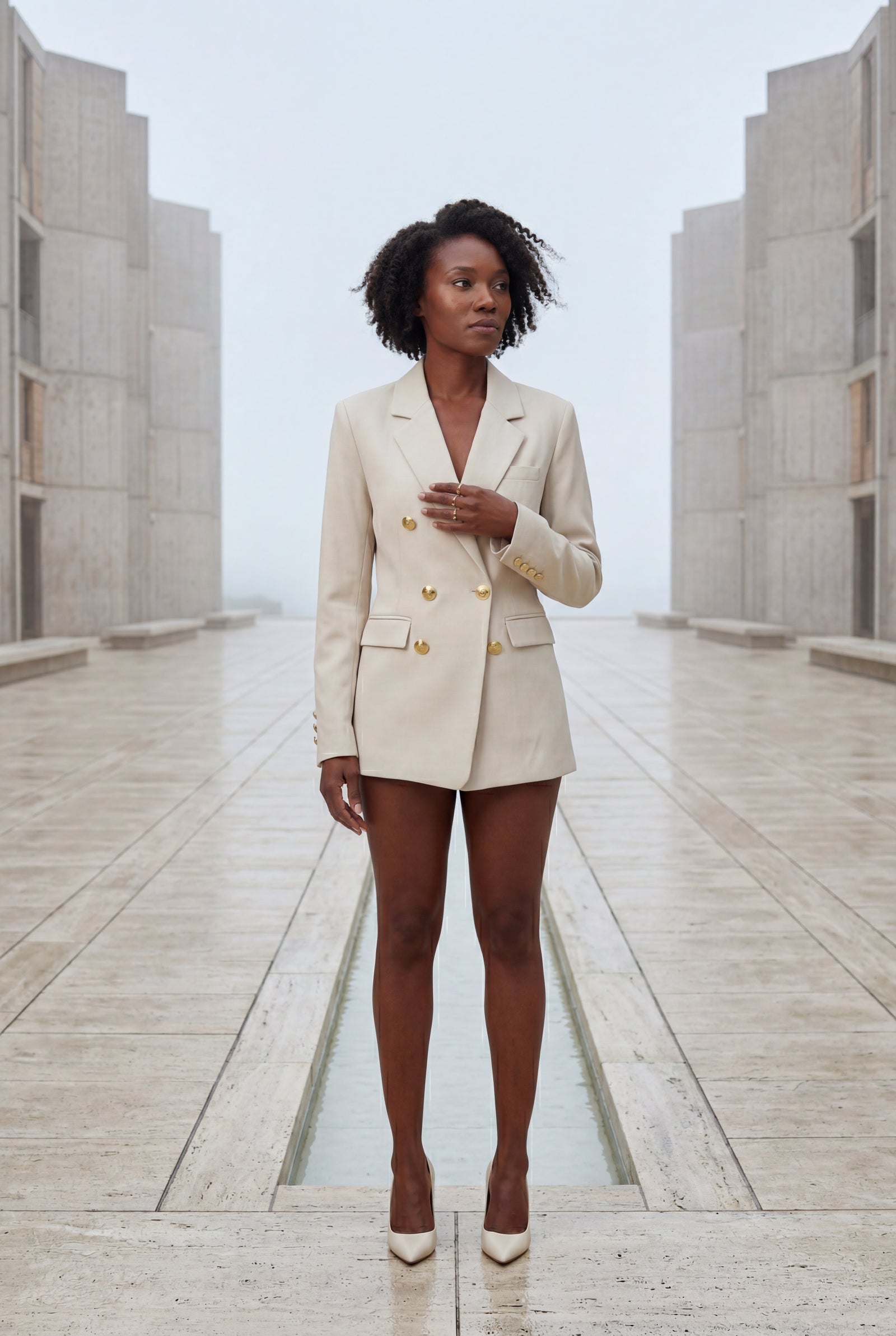 White Double-breasted Fitted Blazer with Gold Buttons - Photo 19