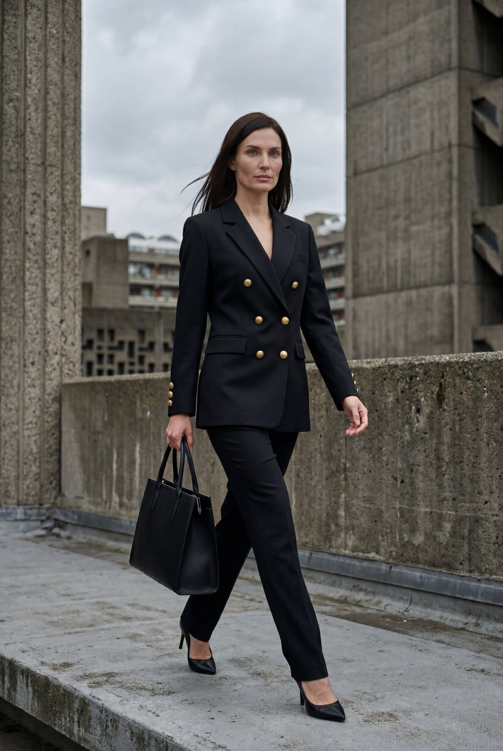 Black Double-breasted Fitted Blazer with Gold Buttons - Photo 21
