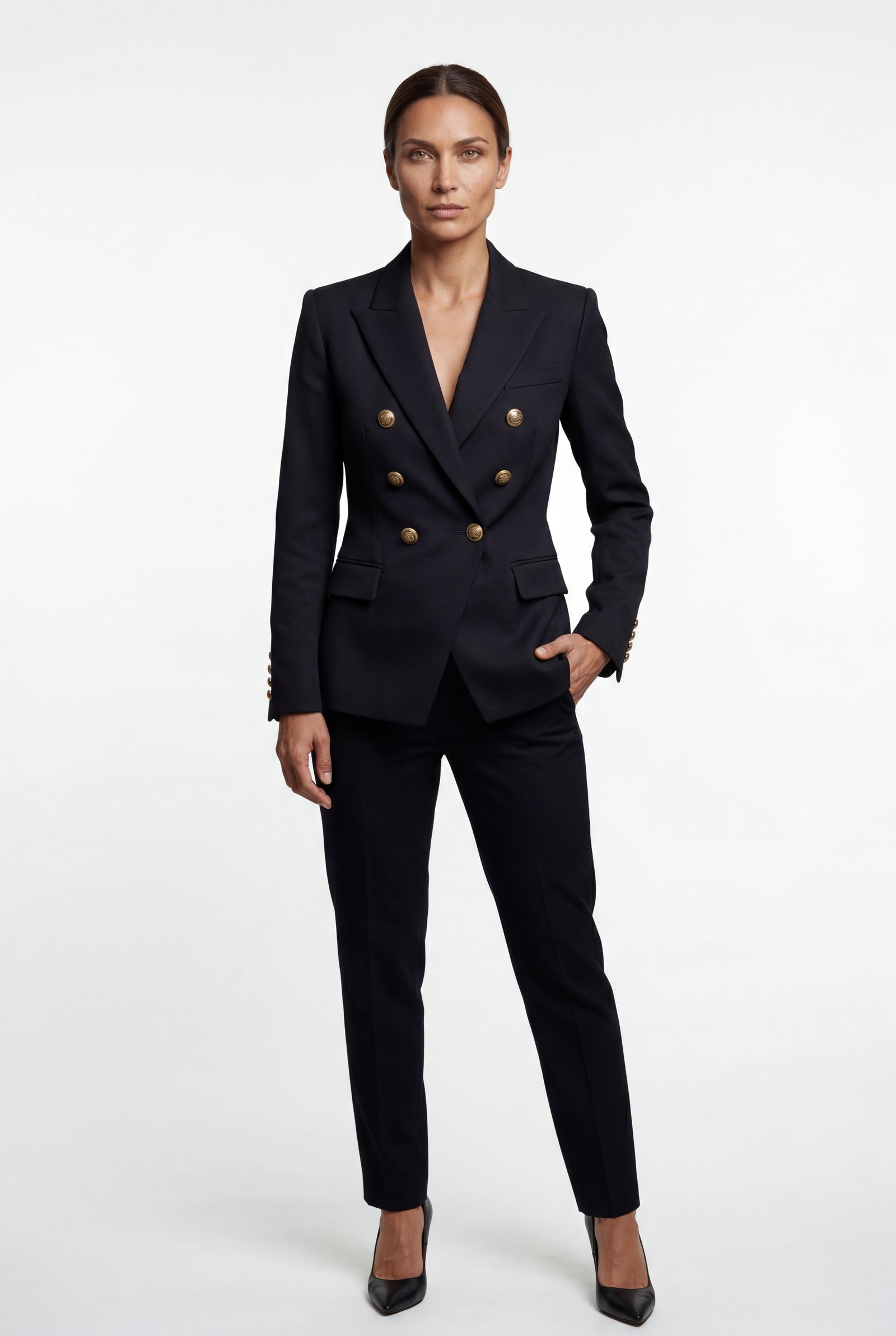 Black Double-breasted Fitted Blazer with Gold Buttons - Photo 5