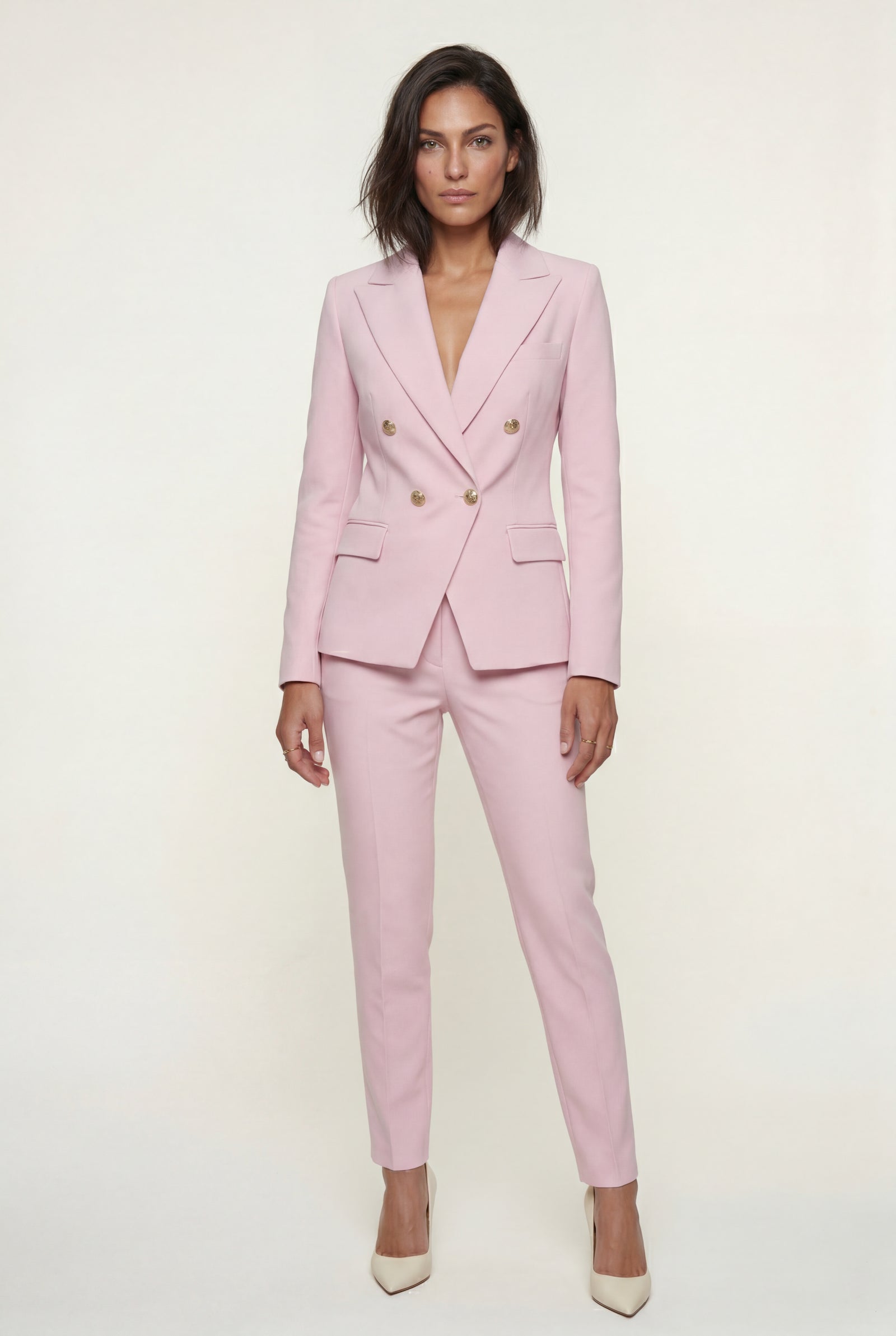 Pink Double-breasted Fitted Jacket and Slim Trouser Suit Set - Photo 2