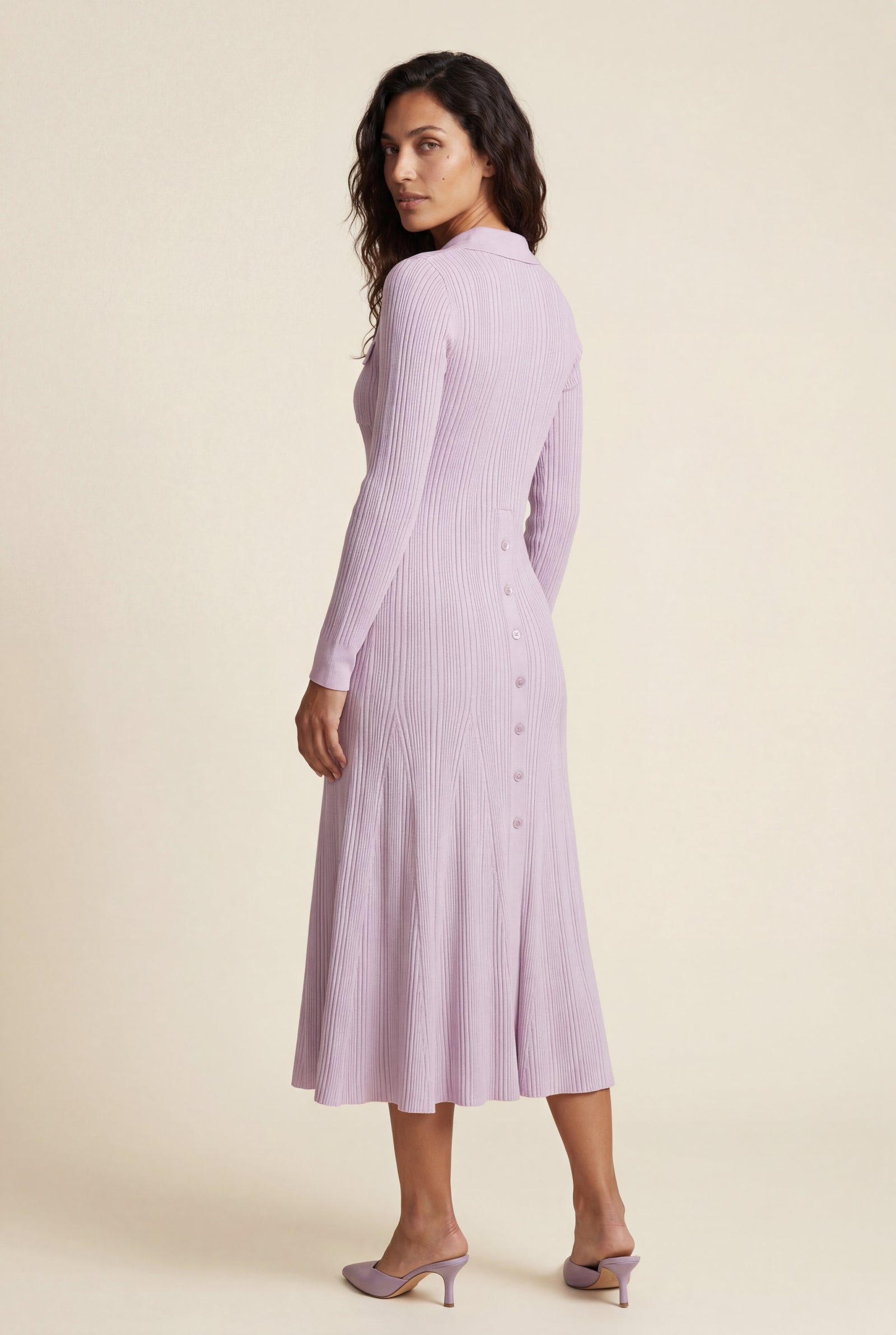Pink Dusty Lavender Ribbed Collared Button-front Midi Dress - Photo 2