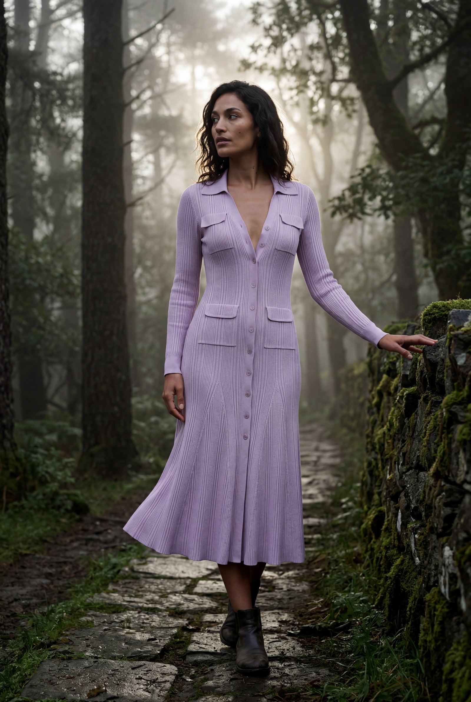 Pink Dusty Lavender Ribbed Collared Button-front Midi Dress - Photo 4