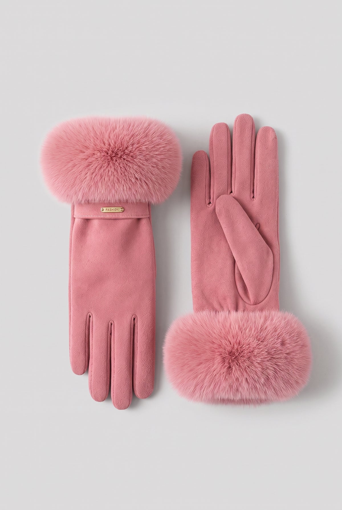 Faux Fur Cuff Gloves in Pink — studio front