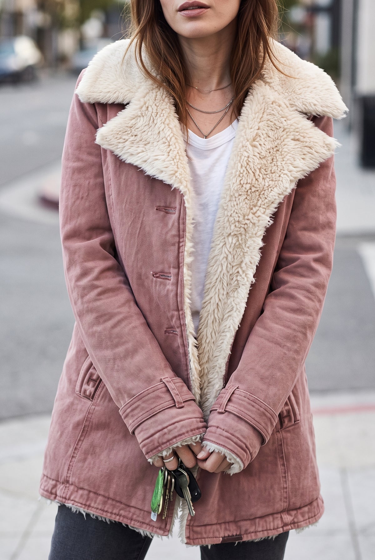 Faux-Shearling Button-Front Coat in Pink — studio front