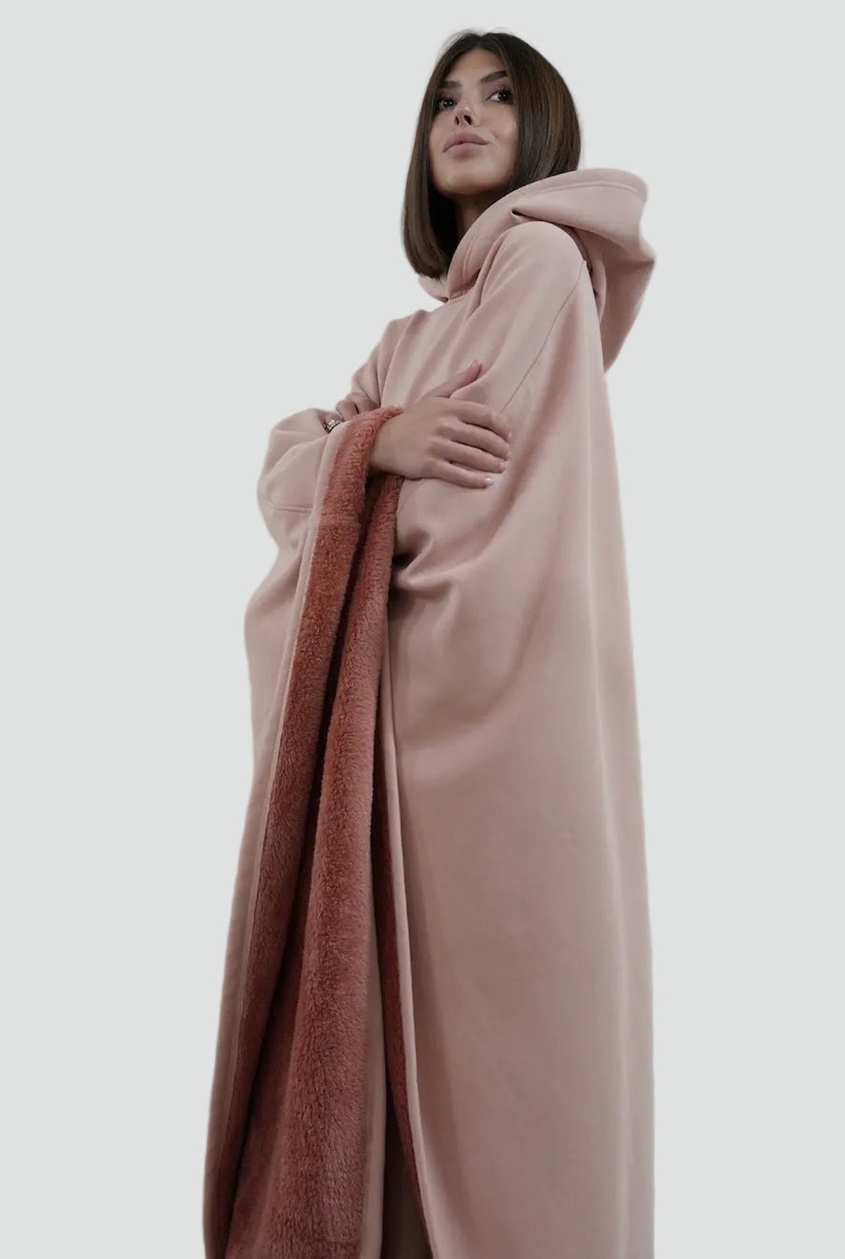 Fleece-Lined Hooded Blanket in Pink — side