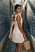 White Floral Appliqué Square Neck Fitted Mini Dress - Photo 4