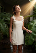 White Floral Appliqué Square Neck Fitted Mini Dress - Photo 7