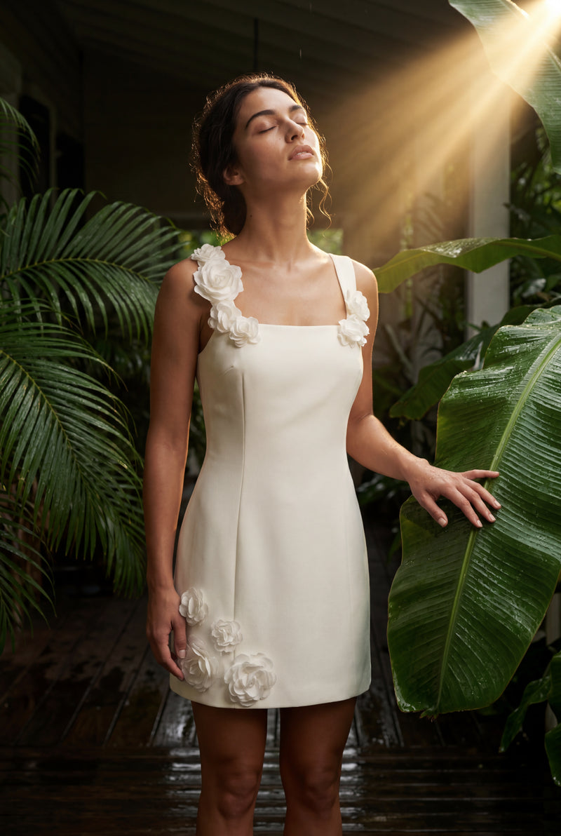 White Floral Appliqué Square Neck Fitted Mini Dress - Photo 7