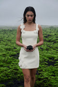 White Floral Appliqué Square Neck Fitted Mini Dress - Photo 8