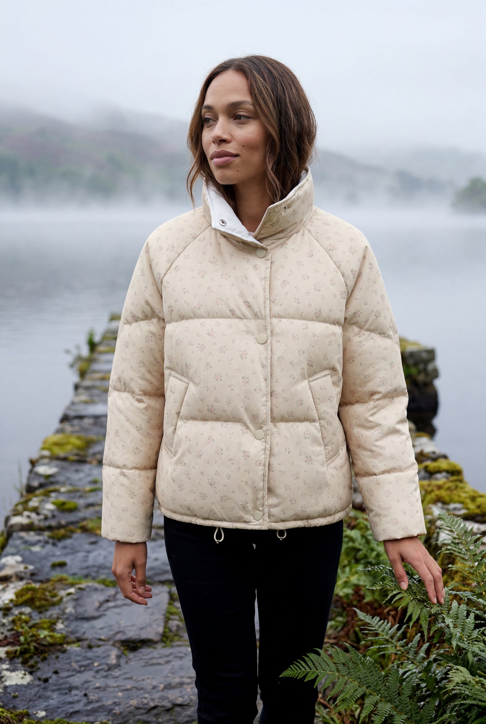 Pink Floral Print High-neck Boxy Puffer Jacket - Puffer jackets - Photo 5