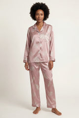 Pink Floral Print Pajama Set with Button-up Blouse - Photo 1