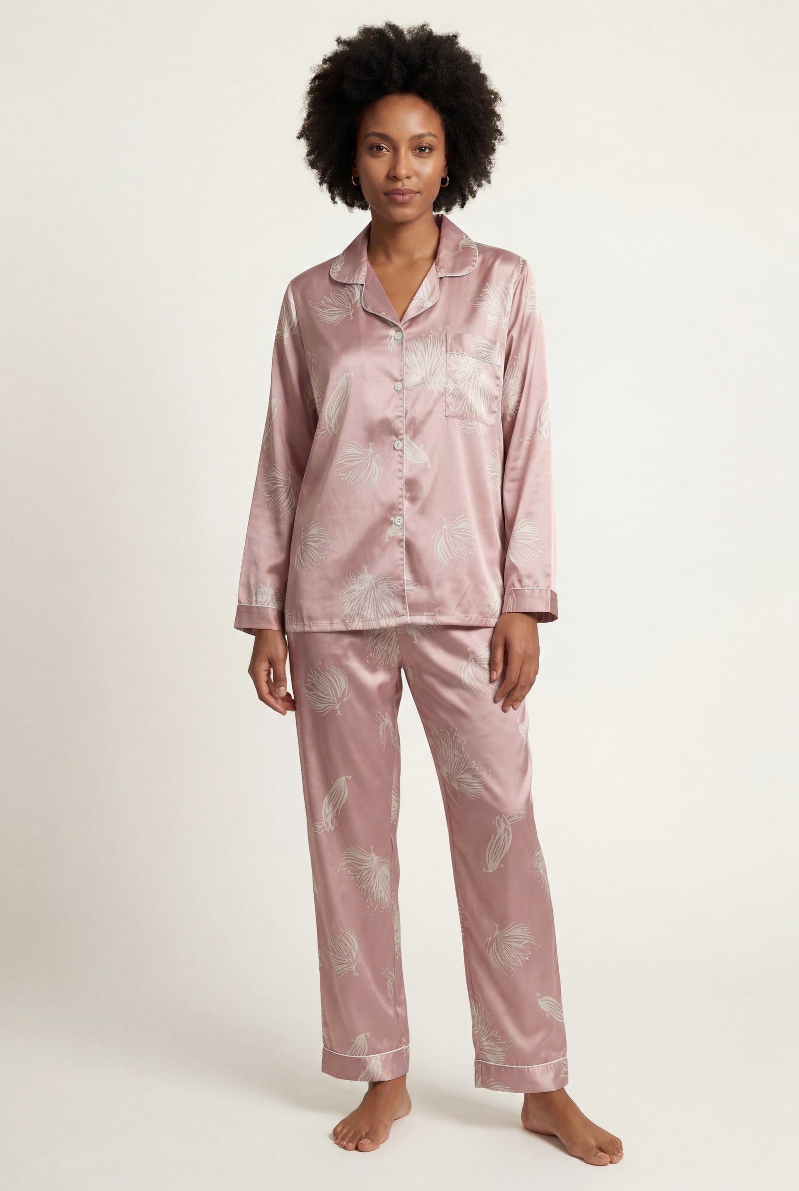 Pink Floral Print Pajama Set with Button-up Blouse - Photo 1