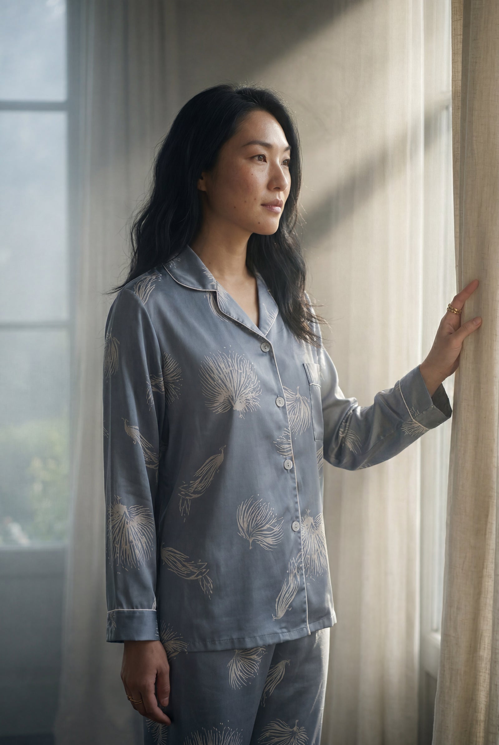 Blue Floral Print Pajama Set with Button-up Blouse - Photo 5