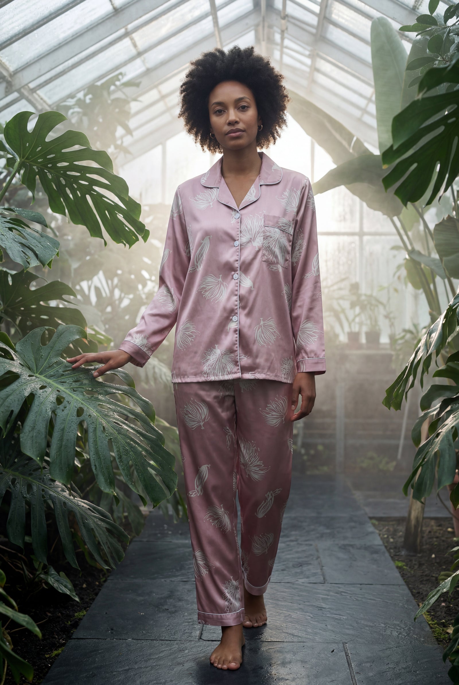 Pink Floral Print Pajama Set with Button-up Blouse - Photo 7