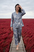 Blue Floral Print Pajama Set with Button-up Blouse - Photo 8