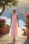 Pink Gathered Halter Neck Midi Dress with Fitted Waist - Wedding guest dress - Photo 5