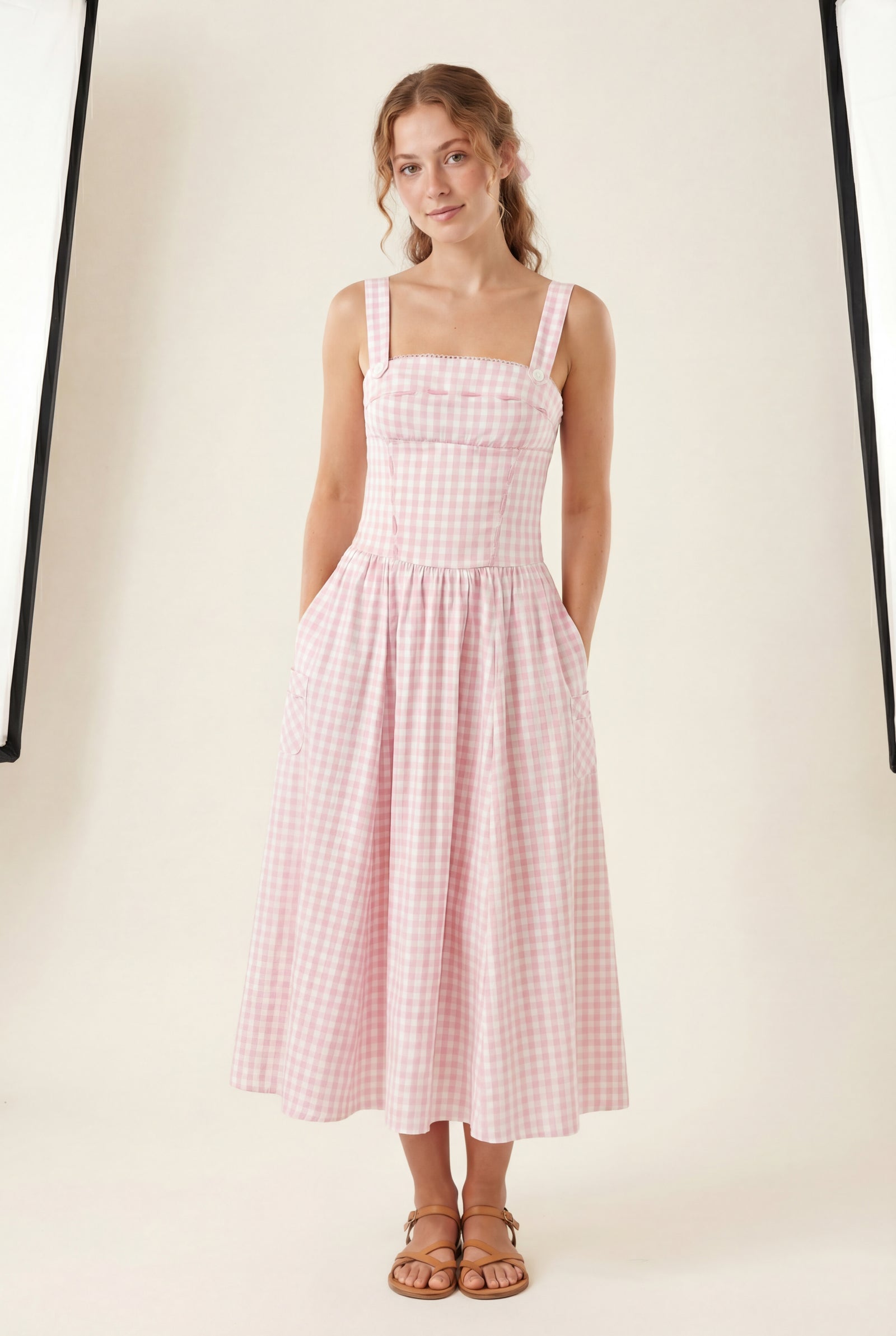 Pink Gingham Square Neck A-line Midi Sundress with Pockets - Midi dress - Photo 6