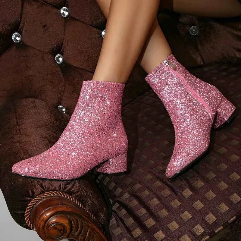 Pink Glitter Block Heel Ankle Boots with Side Zip - Photo 5